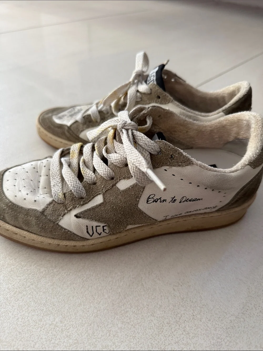 GGDB Super-Star Distressed Sneakers in White & Taupe